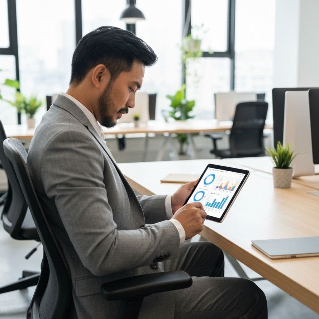 Entrepreneur reviewing automated market research insights on tablet